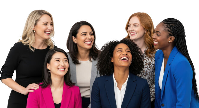 Diverse group of smiling businesswomen showing detailed concept of women, business, businesswoman with professional style and