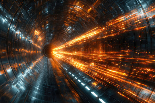 Futuristic metallic tunnel with intense orange light trails, depicting high-speed data flow or energy transfer towards a luminous destination. - Powered by Adobe