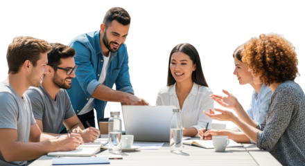 Diverse group of young professionals collaborating on a project showing detailed concept of people, group, team