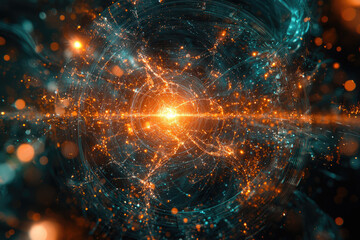 Vibrant abstract image with a central orange energy core, emitting complex data streams and intricate glowing particle networks in a futuristic digital realm.