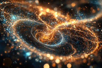 A mesmerizing abstract vortex of glowing golden and blue particles, forming intricate cosmic energy swirls against a dark, bokeh-filled background, evoking digital galaxy aesthetics and motion.