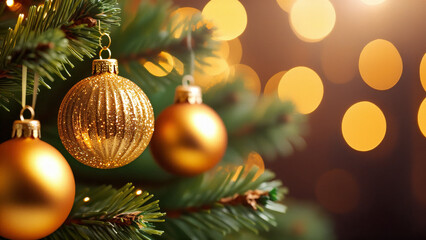 Close up of golden Christmas bauble hanging on a pine tree branch with warm bokeh lights. Traditional festive holiday decoration background.