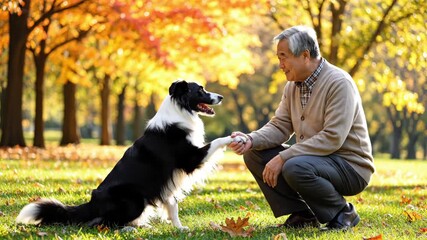 In a vibrant park filled with autumn colors, a man shares joyful moments with his dog. They playfully engage as the leaves fall, showcasing their deep bond.