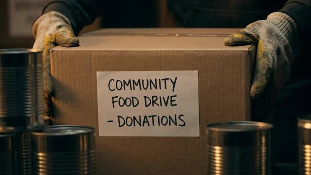 Gloved hands place a community food drive box with donations next to stacks of cans.