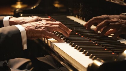 A talented pianist brings life to their music as their fingers glide over the keys. Soft lighting creates a warm ambiance, enhancing the rich sounds of the melody played in a peaceful setting.