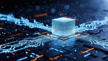 Futuristic glowing cube processor on circuit board with intricate digital connections