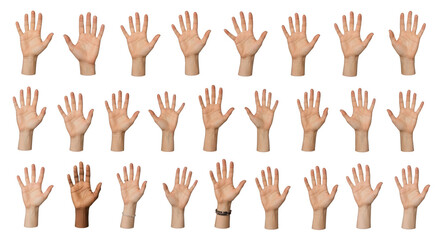 Obraz premium Professional diverse hands raised on white background showing hands, diversity, inclusion suitable for corporate presentation, editorial
