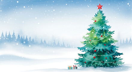 Obraz premium Watercolor Christmas Tree in a Snowy Winter Wonderland Landscape