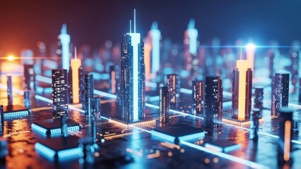 Futuristic glowing city model on a circuit board-like surface with blue/orange lights