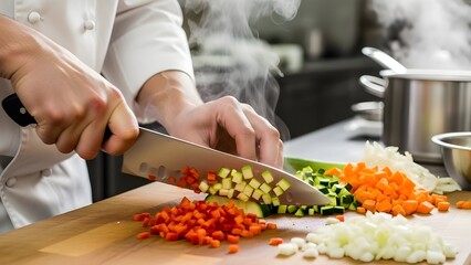 Chef cutting fresh vegetables on a wooden board in a restaurant kitchen
