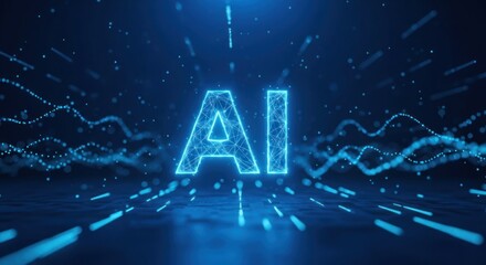 Glow-blue polygonal 'AI' text amidst futuristic digital data streams and light trails