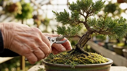 Under soft sunlight, skilled hands trim delicate branches of a bonsai tree in a serene greenhouse. The careful process enhances its beauty and health, surrounded by lush greenery.
