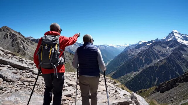 Two friends embark on a scenic hike through the majestic mountains, sharing laughter and marveling at the stunning landscape under the bright midday sun.