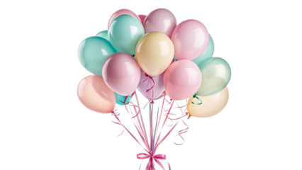 Bunch of pastel colored balloons tied with ribbon, isolated on transparent background