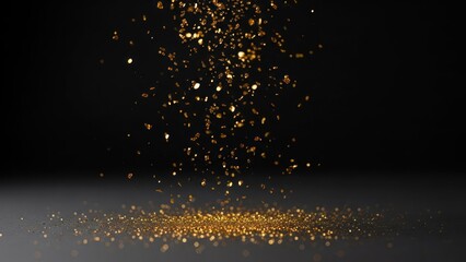 Golden glitter particles showering onto a dark, reflective surface, creating a sparkling pile