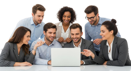 Fototapeta premium Diverse team collaborating on laptop project showing detailed concept of team, teamwork, collaboration with professional style