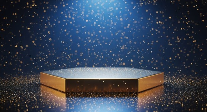 Golden hexagonal podium under blue spotlight with falling golden glitter on dark background