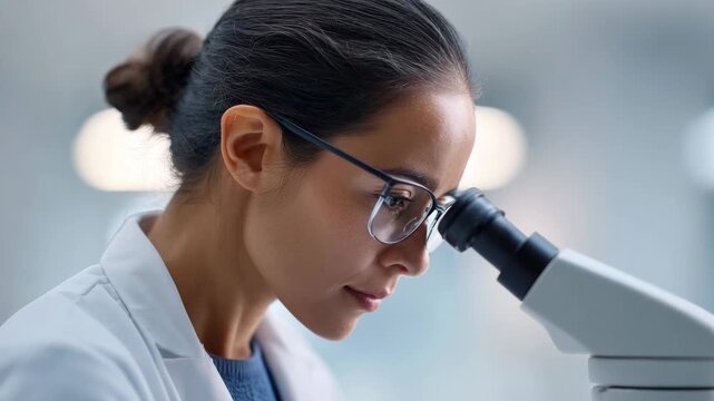 Focused female microbiologist in a lab coat and safety glasses working on a microscope. She is conducting a clinical trial in a modern research laboratory for pharmaceutical development