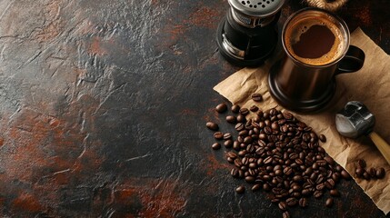 Fresh coffee cup, manual grinder, and roasted beans on dark textured background, creating an artisanal coffee experience with ample copy space