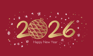 New Year 2026 set on red background. Hand drawn illustration.	
