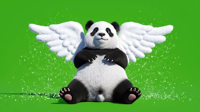 Adorable 3D Render of a Panda Bear Creating a Snow Angel on a Vibrant Green Screen Background with Wings Flapping in a Playful Festive Atmosphere