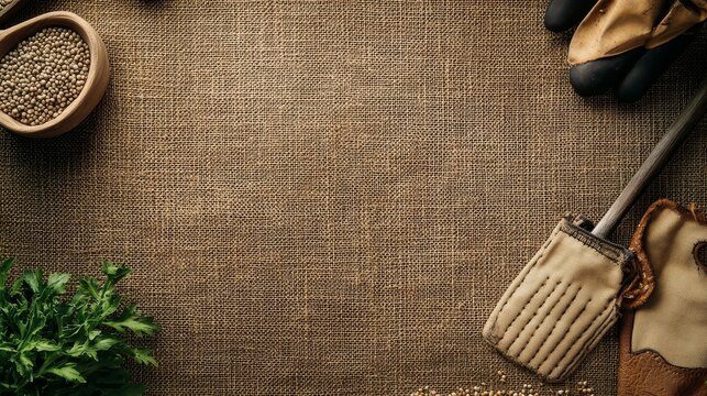 Rustic arrangement of gardening gloves, seeds, and tools on textured burlap surface with copy space, perfect for organic farming or planting concepts