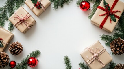 Wrapped Christmas presents, pine branches, red ornaments, and pinecones arranged around white background, creating festive frame with space for text