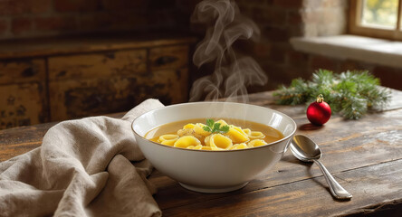 Tortellini in brodo caldi per le festività di Santo Stefano. Generative AI