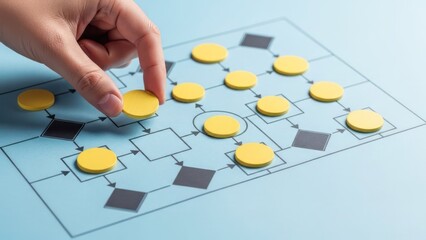 Hand places a yellow token on a blue board with a process diagram and arrows