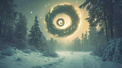Mystical spiral nebula over a snow-covered forest at twilight, evoking wonder and cosmic mystery