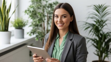 Happy businesswoman holding tablet in modern office with plants and natural light