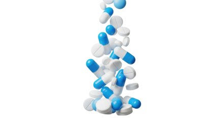 Falling pills and capsules on white concept visualized beautifully with focus on pills, capsules, medicine in
