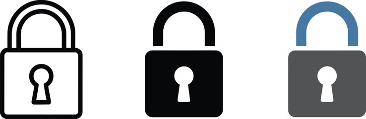 Padlock icon set showing security concept in line silhouette and flat design styles