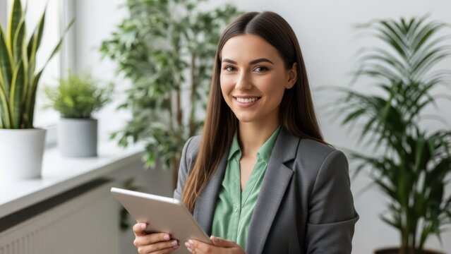 Happy businesswoman holding tablet in modern office with plants and natural light