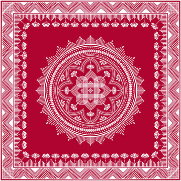 Digital Aipan pattern, the traditional art from Uttarakhand, created with intricate white paste patterns against a red background. Aipan art created for doorsteps, wall panels and Deity Chowki's.
