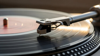 A close-up shot of a turntable's stylus resting on a spinning vinyl record, bathed in warm, golden light, evoking a sense of nostalgia for analog music