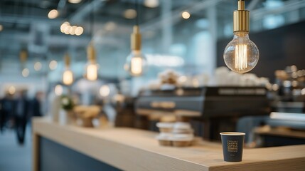 A gourmet coffee booth with baristas crafting latte art under warm Edison bulbs, the aroma pulling in expo visitors from across the hall — artisanal beverage marketing, interactive tasting booth,