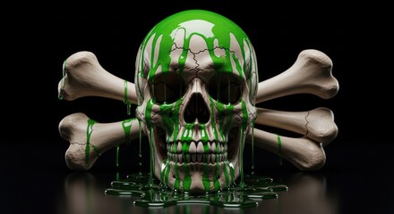 Human skull with crossed bones, covered in dripping, glowing green toxic slime on black