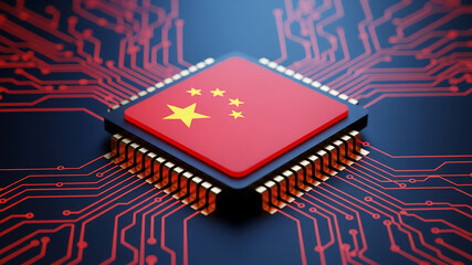Chinese flag on microchip circuit board symbolizing technology and innovation