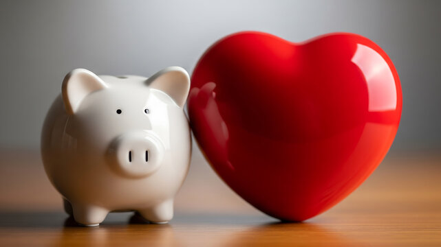 Piggy bank and red heart symbolizing financial health and love