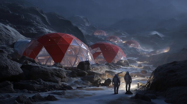 A Mars habitat concept featuring interlinked red-domed capsules, astronauts walking along illuminated paths between modules — planetary exploration, off-world architecture, and futuristic space - Powered by Adobe