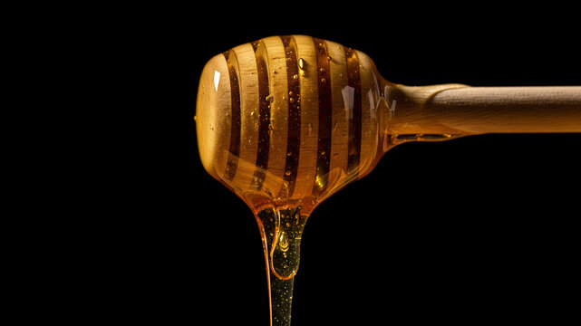 Golden honey dripping from wooden dipper against a dark background - Powered by Adobe