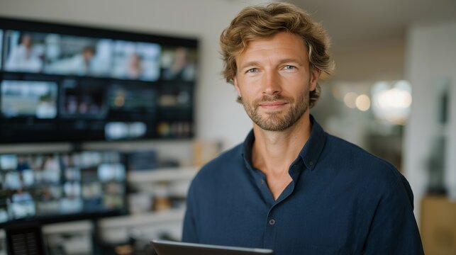 A remote team supervisor holding a video call from a minimalist home office, multiple screens displaying performance dashboards and team faces — hybrid work leadership, digital management, and