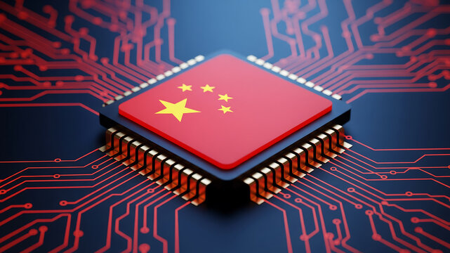 Chinese flag on microchip circuit board symbolizing technology and innovation