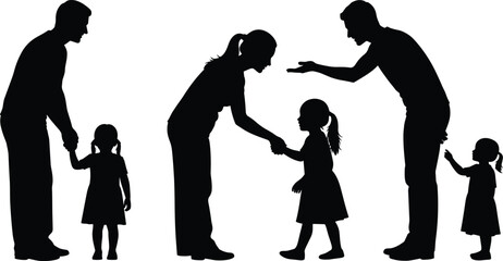 Adult-child interaction silhouette illustration set, parenting and guidance poses, communication and mentoring concept vector, black and white graphic
