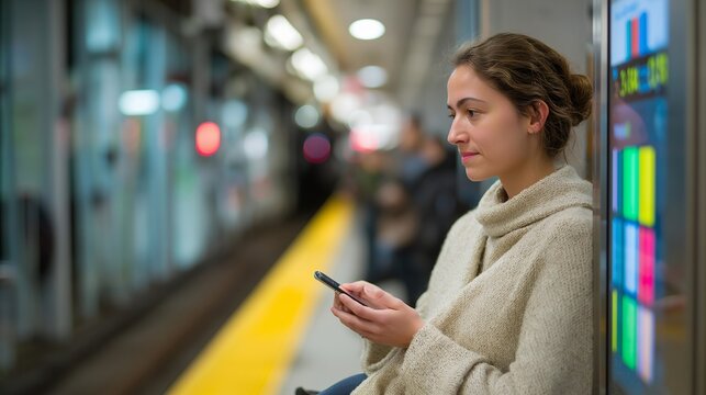 A subway platform where digital signage flashes color-coded signals to control passenger flow during peak hours, commuters adjusting intuitively — urban transit management, crowd control, and - Powered by Adobe