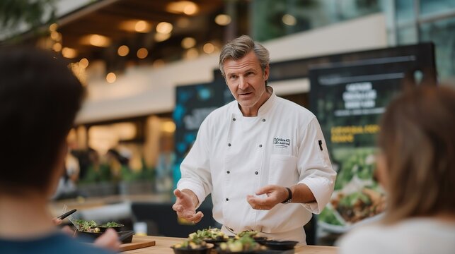 A chef presenting new flavors in a culinary tasting booth at a food fair, crowds sampling small bites as branding banners highlight artisanal ingredients — food marketing, gourmet showcase, and