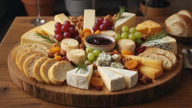 An elegant cheese board featuring assorted cheeses, grapes, dried fruits, nuts, bread slices, and a small bowl of jam on a wooden platter.