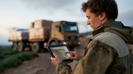A disaster-response logistics coordinator tracking supply deliveries on a rugged tablet, palettes of blankets and generators loaded into military trucks — humanitarian planning, resource