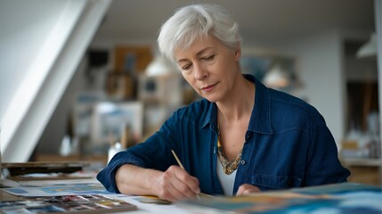 A senior participating in an art therapy session, painting colorful landscapes in a naturally lit studio as soothing music plays — creative therapy, emotional wellness, and cognitive enrichment for